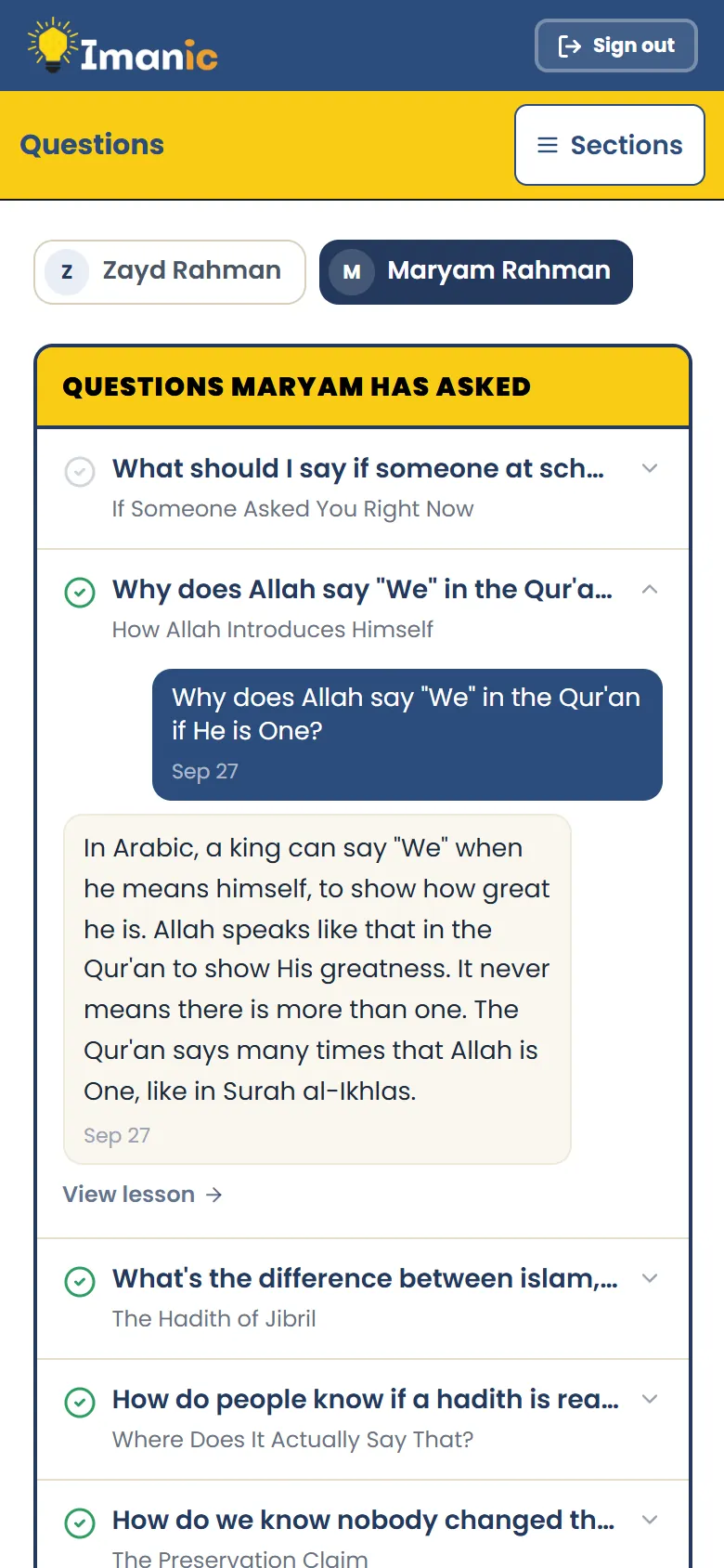 A question asked under a lesson, open in the parent’s app on a phone, with the teacher’s answer underneath