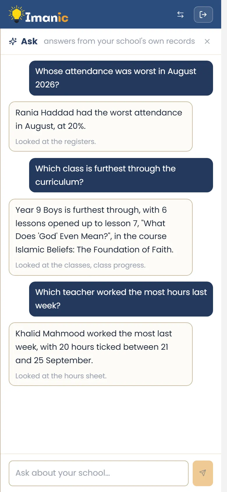 The assistant on a phone asked whose attendance was worst in August and who has not paid September’s fees, with a button to send those families a reminder