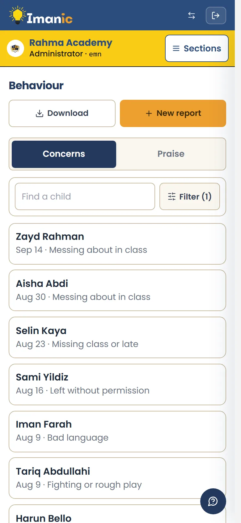 Behaviour reports on a phone, newest first, with a count when a child has more than one