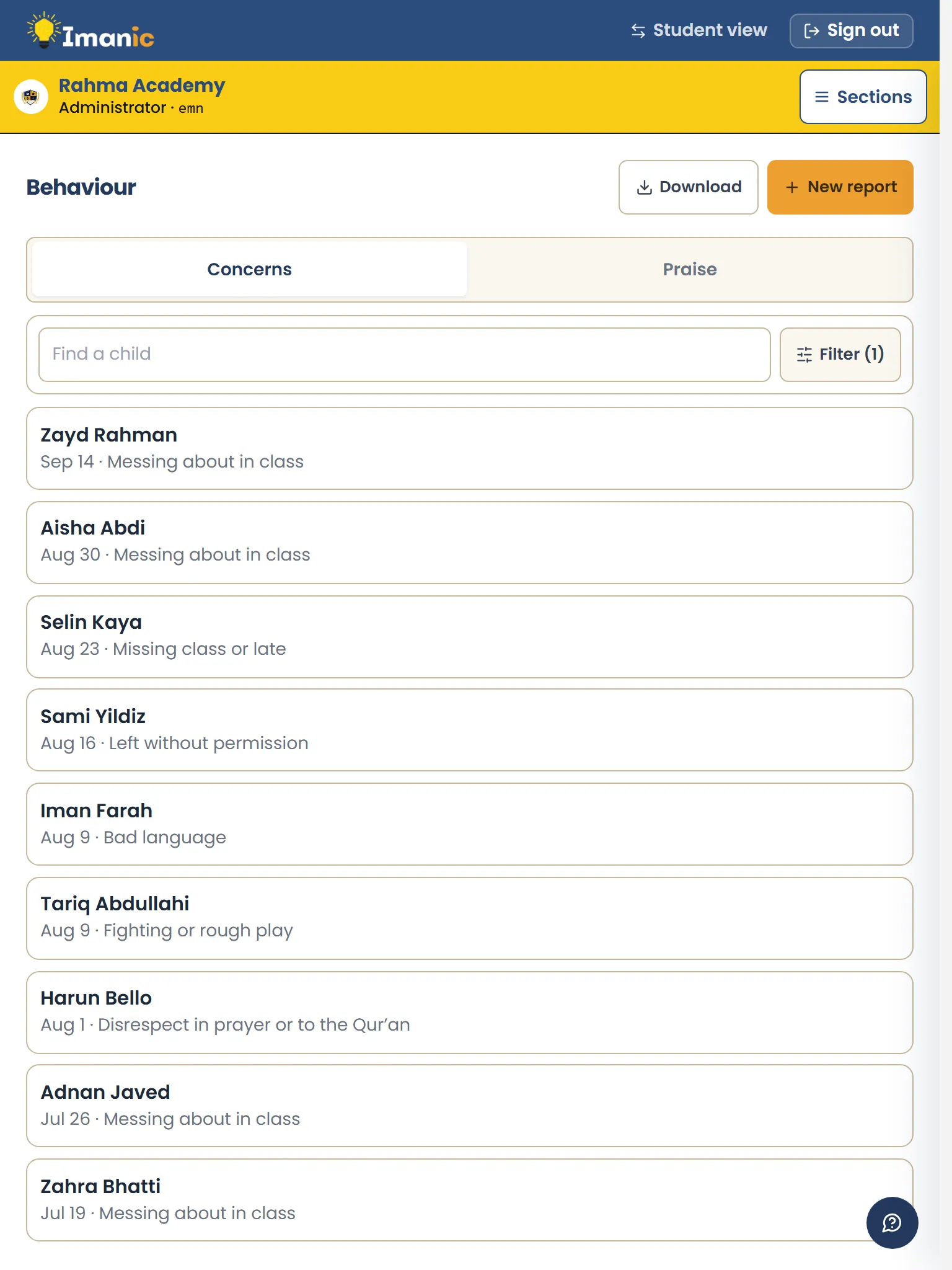 Behaviour reports on a tablet, newest first, with a count when a child has more than one