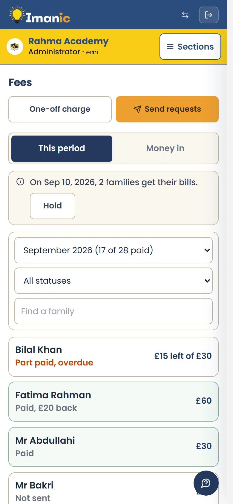 The fees list on a phone: how many families have paid, how many have not, and each family by name