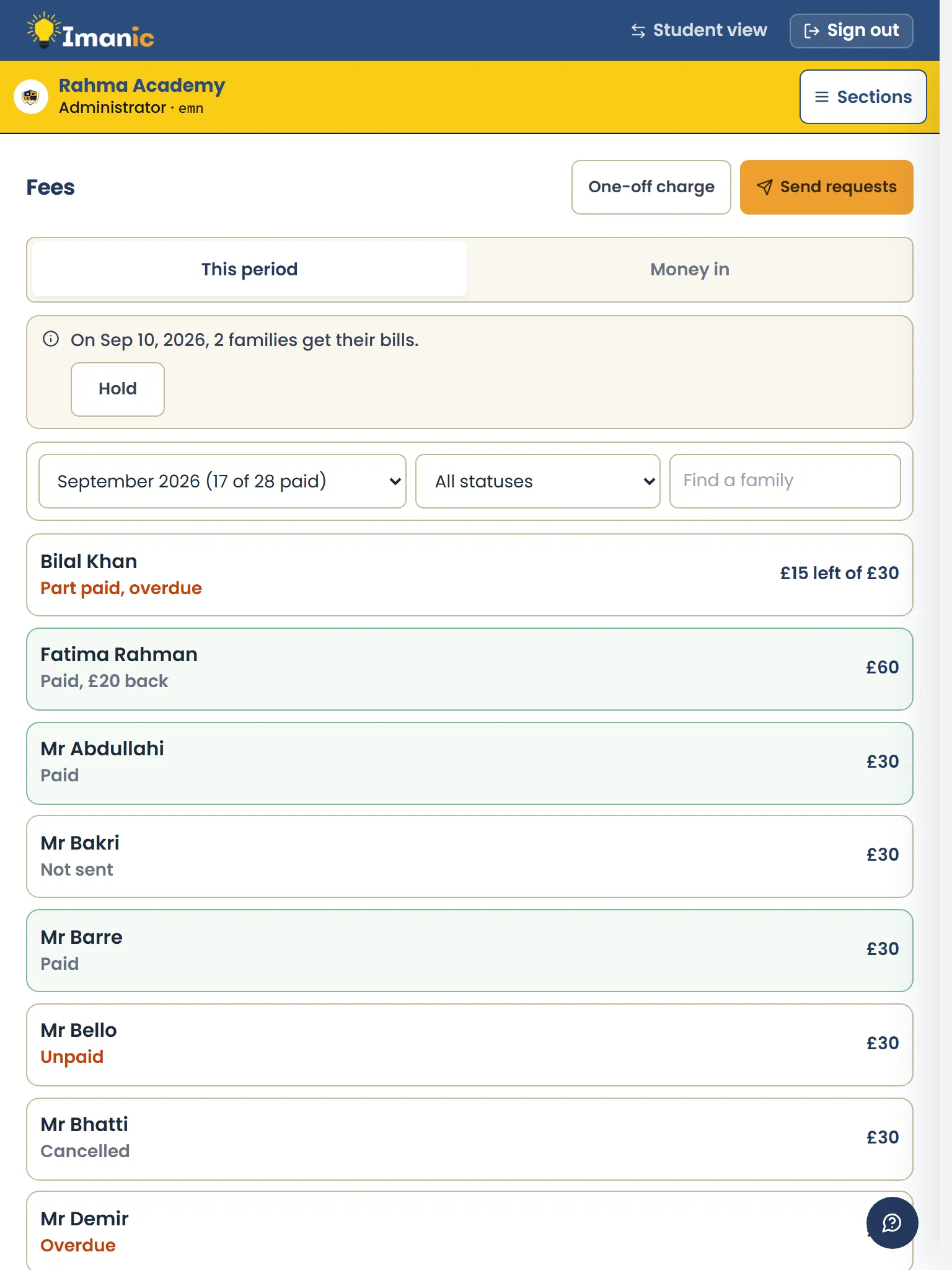 The fees list on a tablet: how many families have paid, how many have not, and each family by name