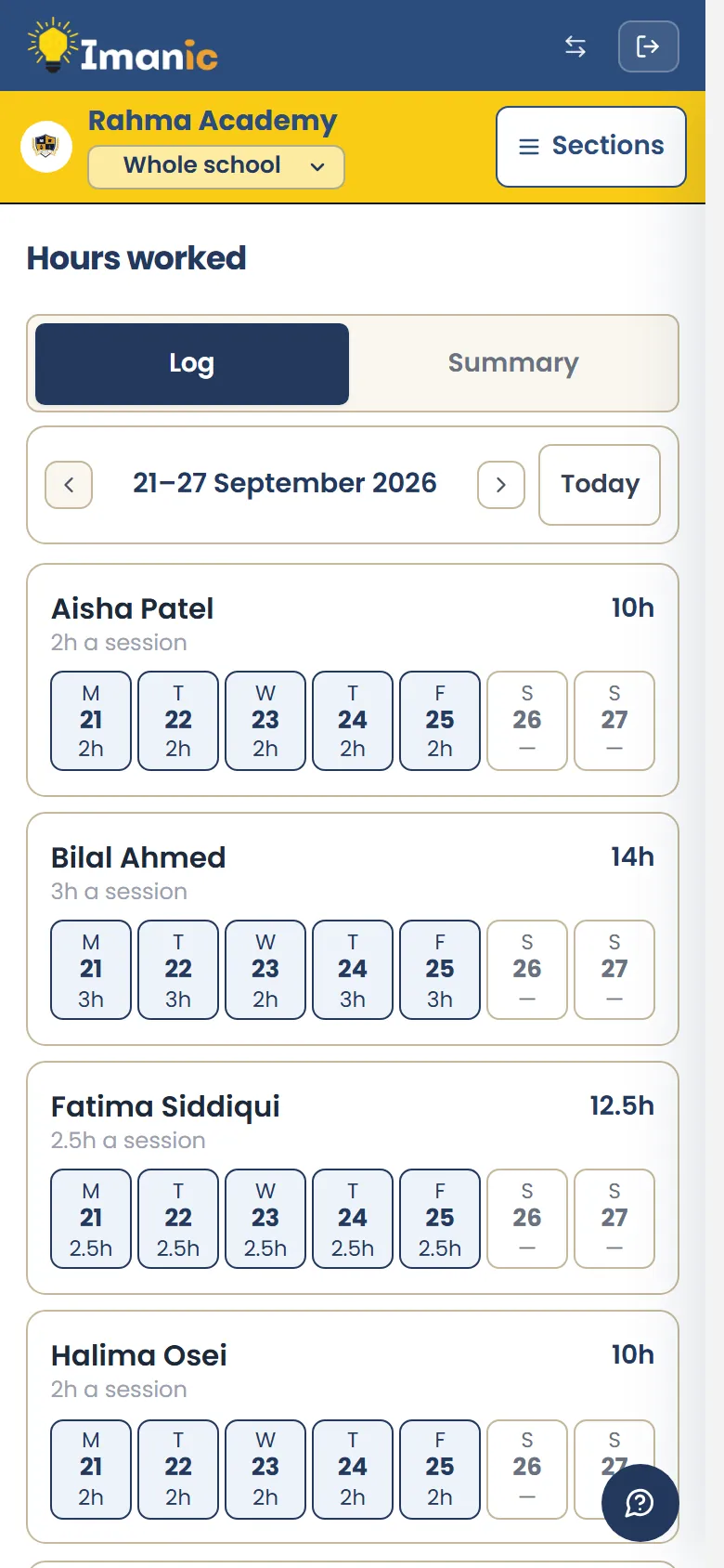 Staff hours for one week on a phone, each teacher with their hours per day