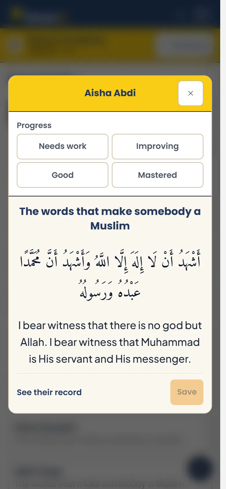 A teacher marking a child’s dua on a phone: the dua in Arabic with its meaning, and how well it is known