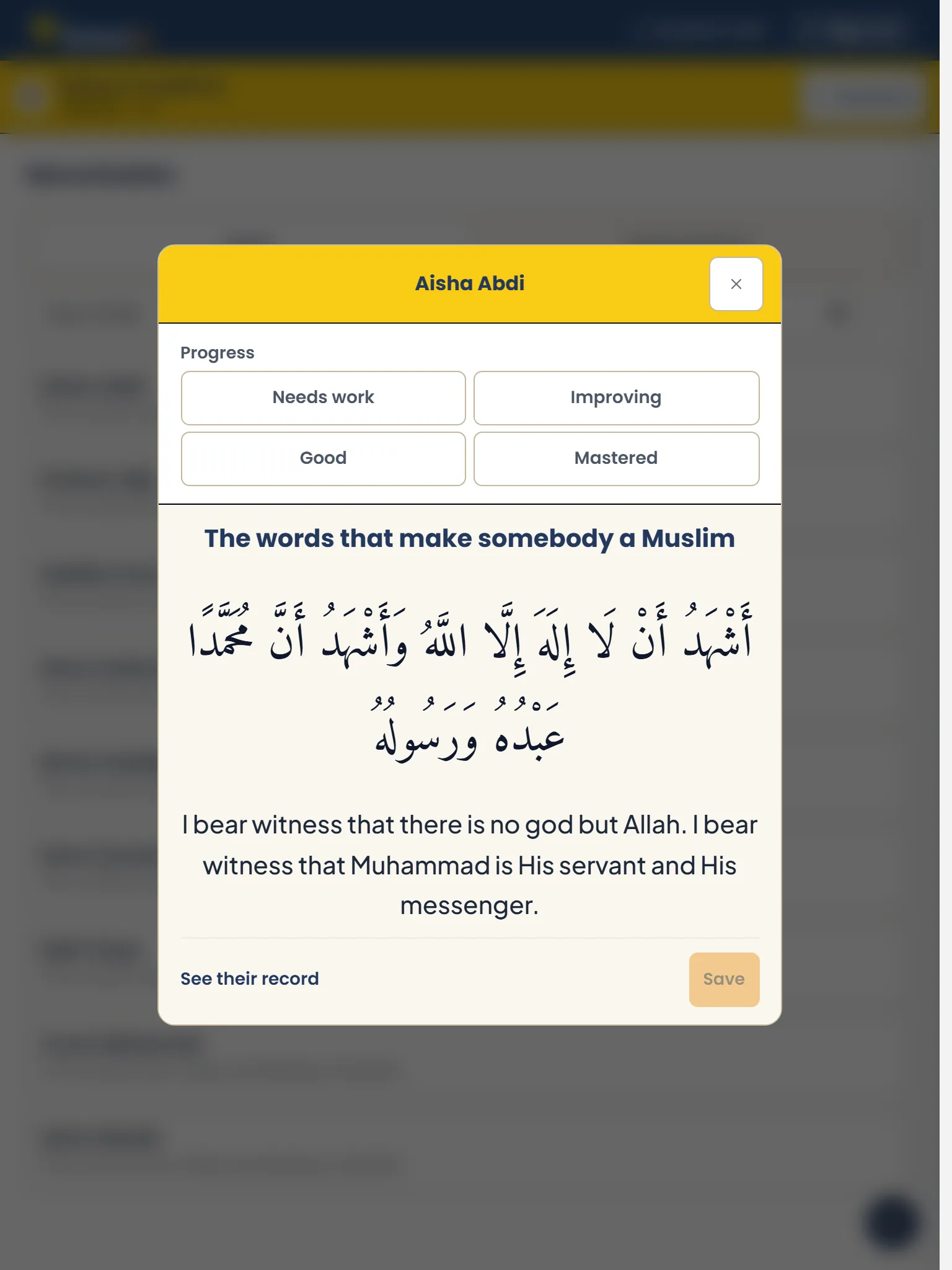 A teacher marking a child’s dua on a tablet: the dua in Arabic with its meaning, and how well it is known