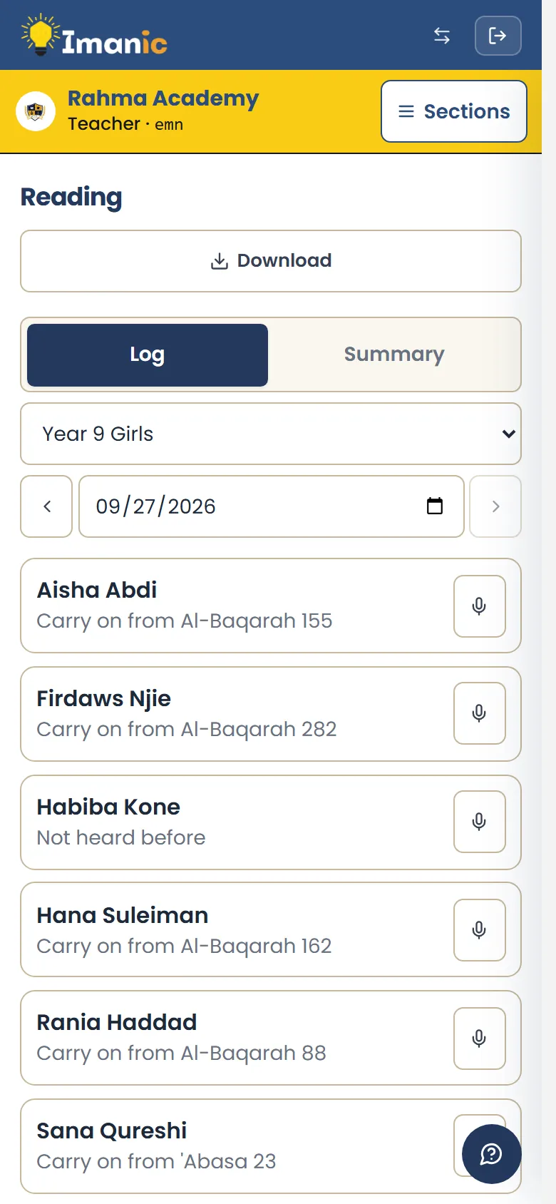 The Qur’an reading log on a phone: each child and the verse they carry on from