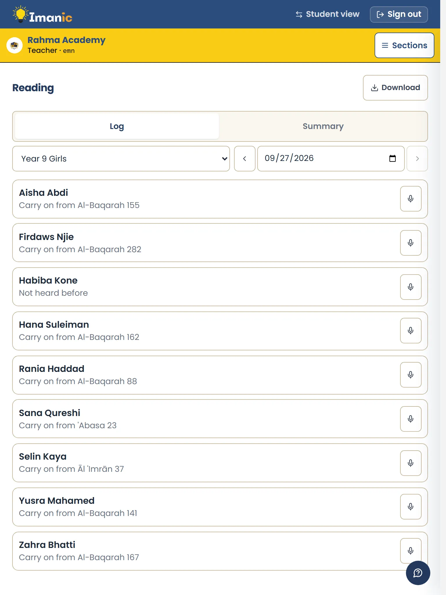 The Qur’an reading log on a tablet: each child and the verse they carry on from