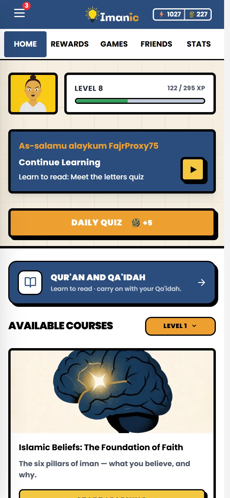The child’s home screen on a phone: their level, the lesson to continue, the daily quiz and the Qur’an