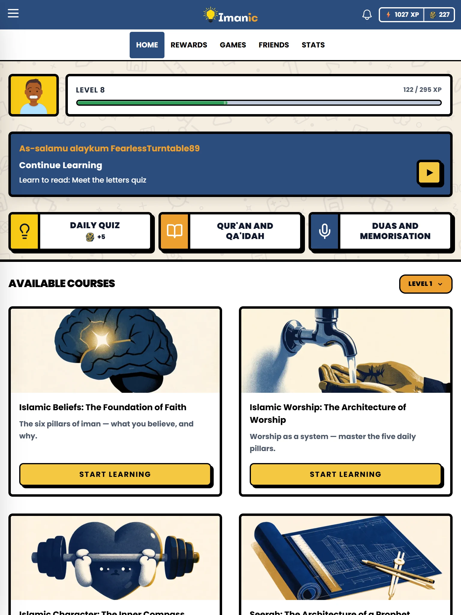 The child’s home screen on a tablet: their level, the lesson to continue, the daily quiz, the Qur’an and the duas
