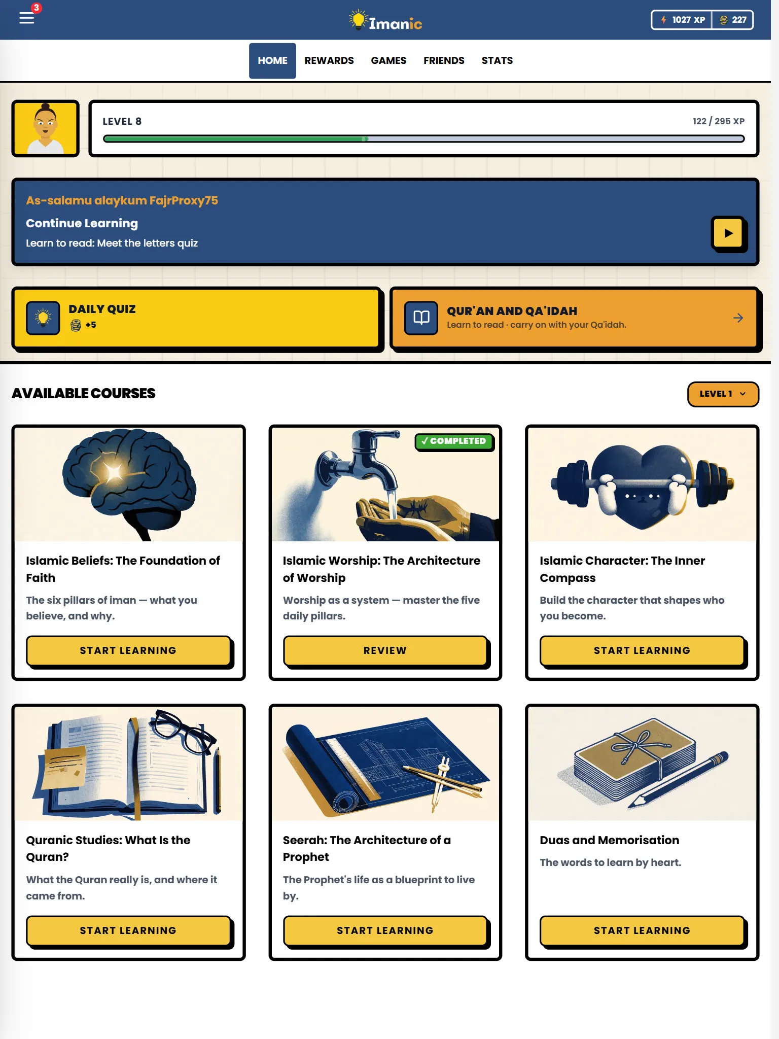 The child’s home screen on a tablet: their level, the lesson to continue, the daily quiz and the Qur’an