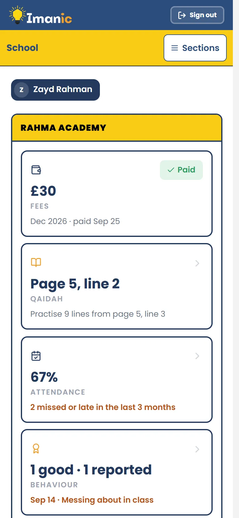 The School tab in the parent’s app on a phone: fees, attendance and behaviour for their child