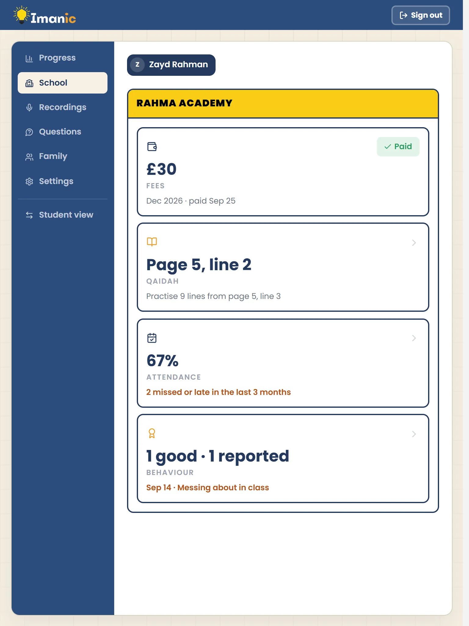 The School tab in the parent’s app on a tablet: fees, attendance and behaviour for their child