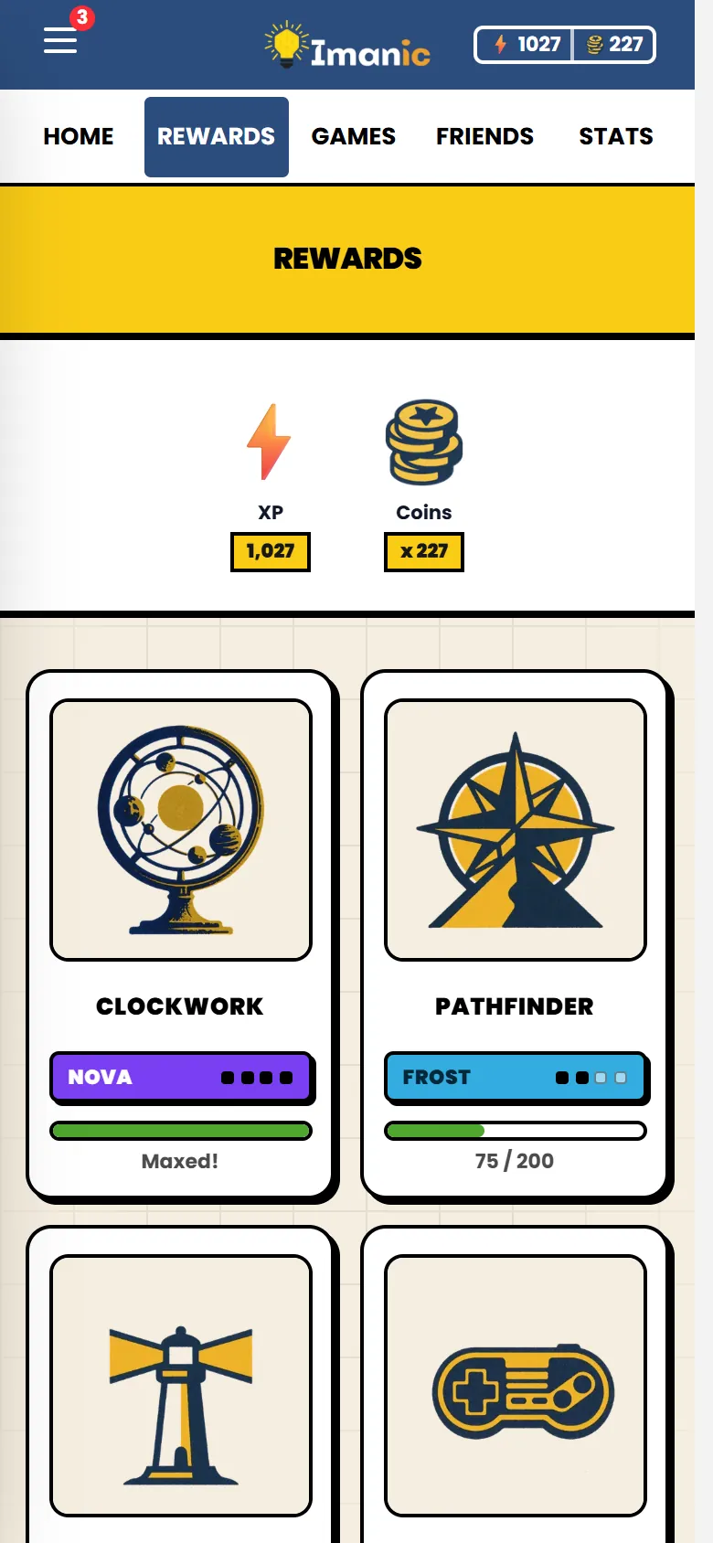 The Rewards tab on a phone: the child’s XP and coins, and the badges they have earned