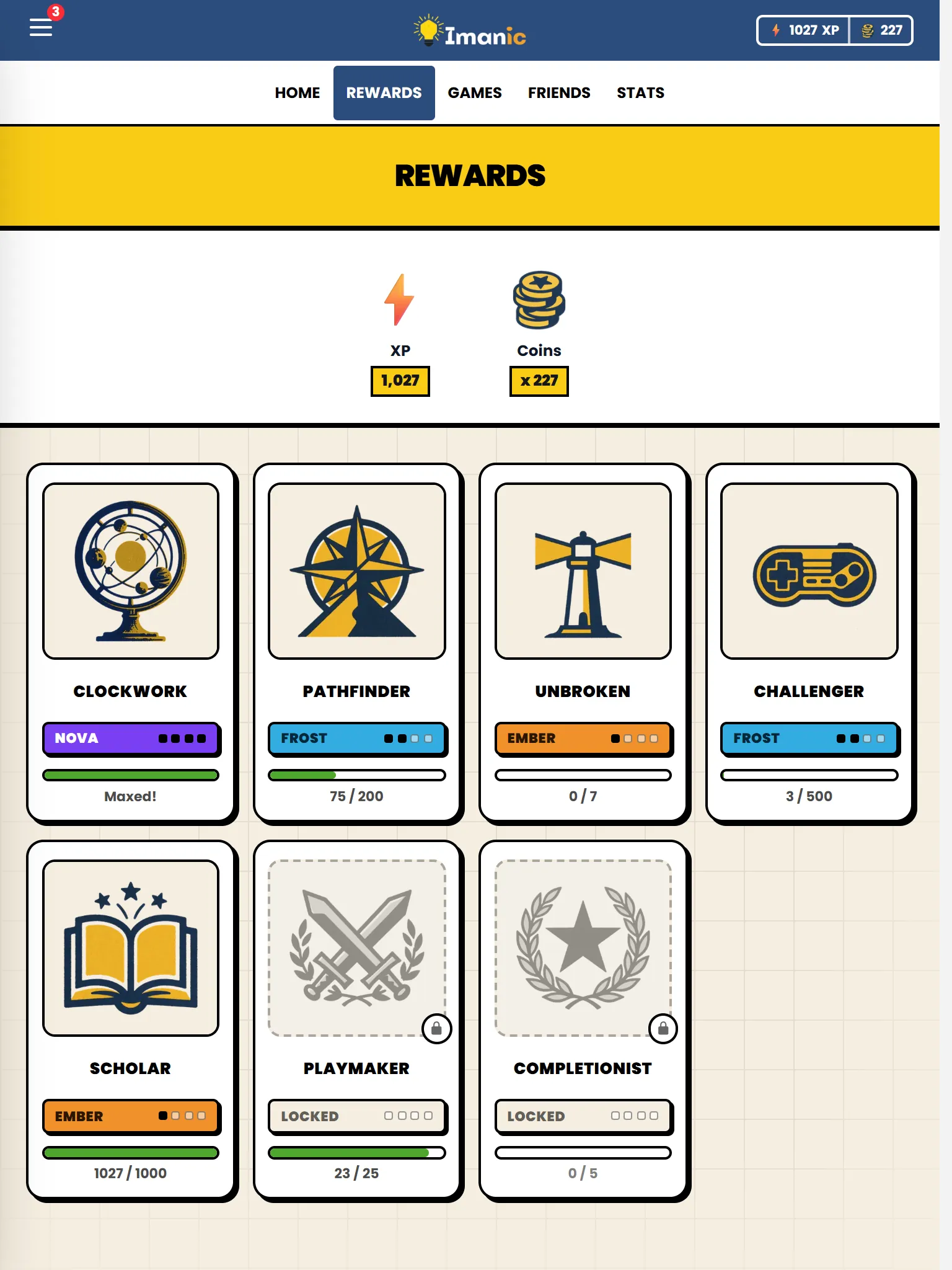The Rewards tab on a tablet: the child’s XP and coins, and the badges they have earned