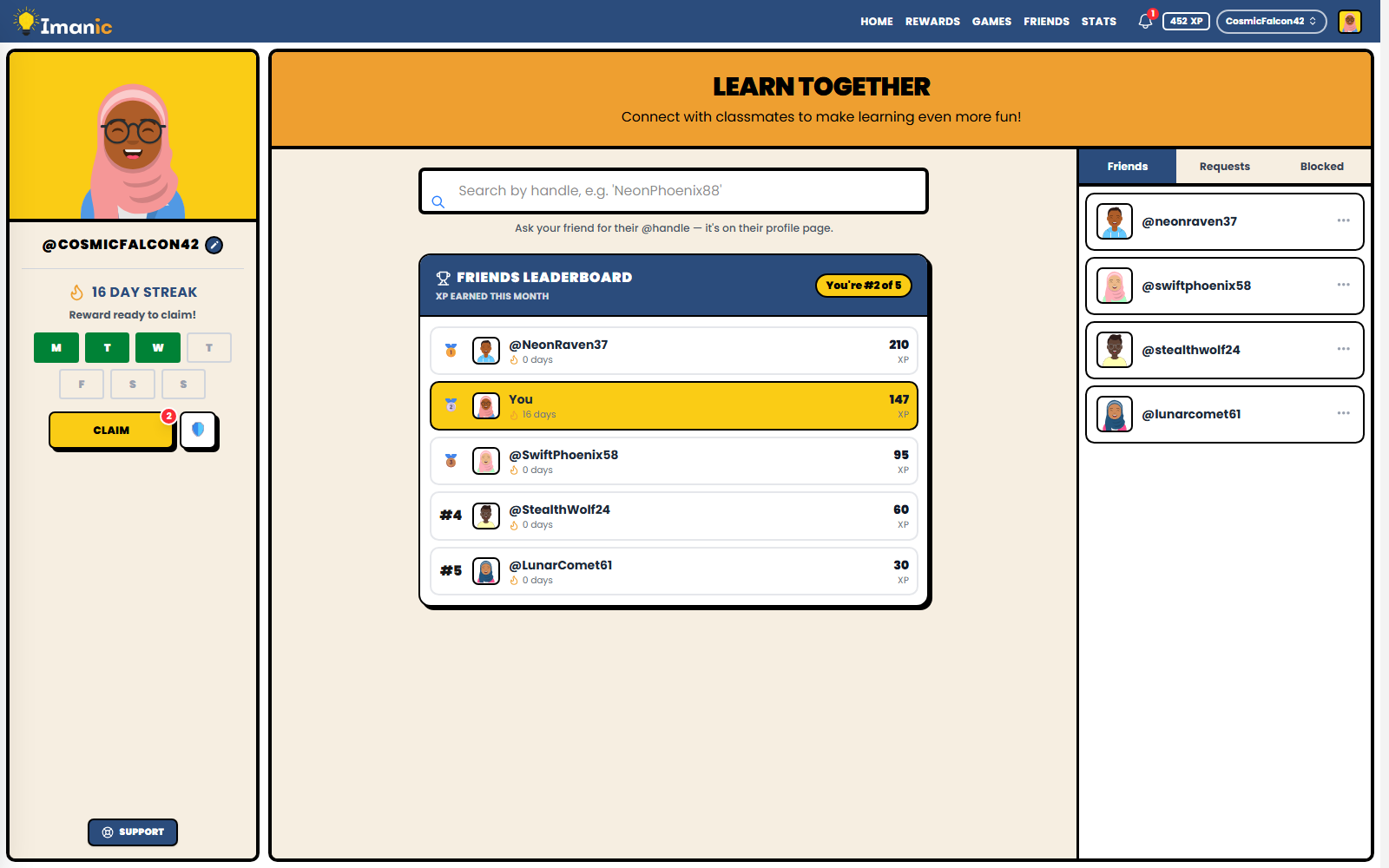 Friends: a monthly leaderboard shared with classmates