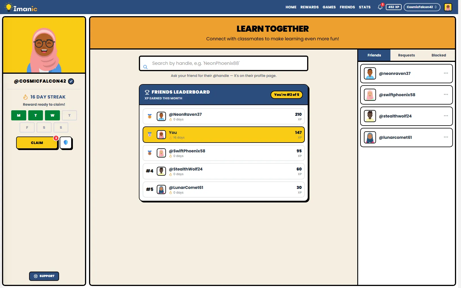 Friends: a monthly leaderboard shared with classmates