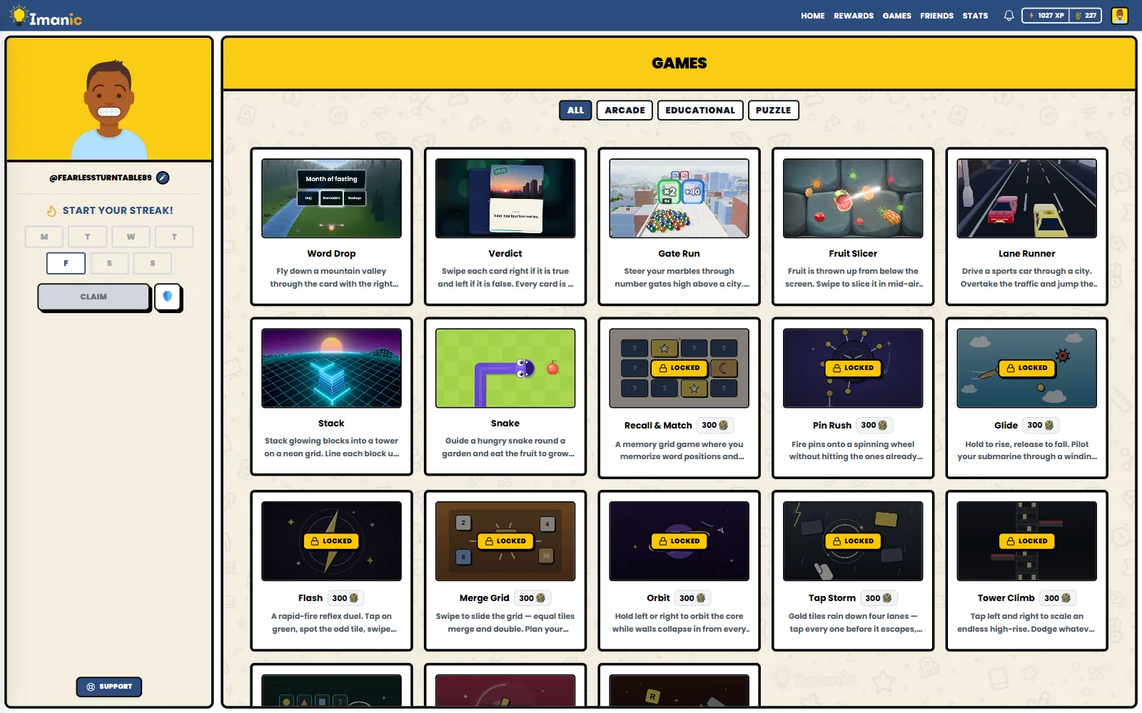 The arcade: games played with coins earned in lessons, some unlocked with coins