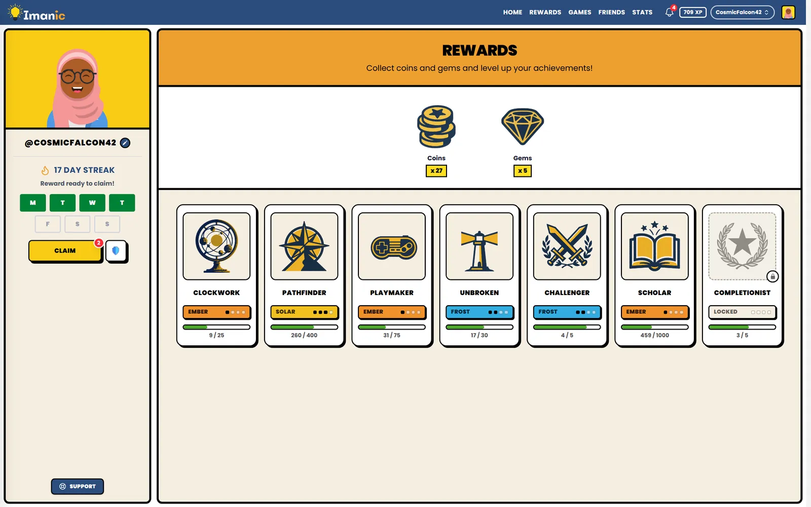 Rewards: collectible gems and evolving achievement badges